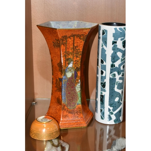 338 - THREE PIECES OF CERAMICS, comprising an Arthur George Harley Jones 'Wilton Ware' lustre vase, of hex... 