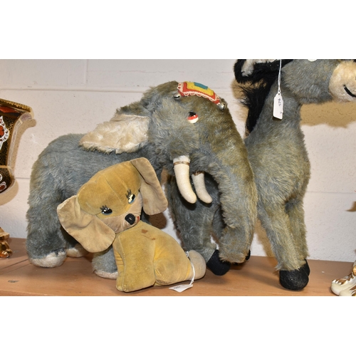 342 - THREE VINTAGE MERRYTHOUGHTS ANIMALS, comprising 'Pablo The Donkey',  height 38cm, 'Nellie The Elepha... 