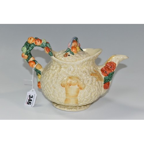 346 - A CLARICE CLIFF 'CELTIC HARVEST' TEAPOT, moulded and painted with fruits and wheatsheaves on a textu... 