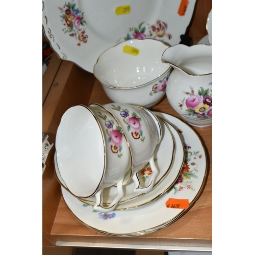 355 - A GROUP OF COALPORT 'JUNETIME' PATTERN TEAWARE, comprising a cake plate, milk jug, sugar bowl, six c... 