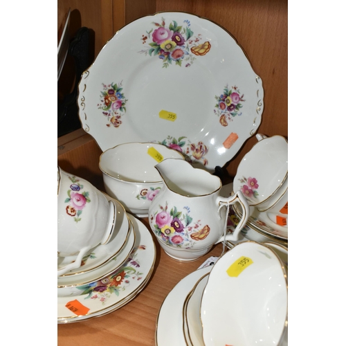 355 - A GROUP OF COALPORT 'JUNETIME' PATTERN TEAWARE, comprising a cake plate, milk jug, sugar bowl, six c... 