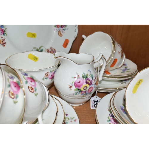 355 - A GROUP OF COALPORT 'JUNETIME' PATTERN TEAWARE, comprising a cake plate, milk jug, sugar bowl, six c... 