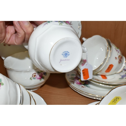 355 - A GROUP OF COALPORT 'JUNETIME' PATTERN TEAWARE, comprising a cake plate, milk jug, sugar bowl, six c... 