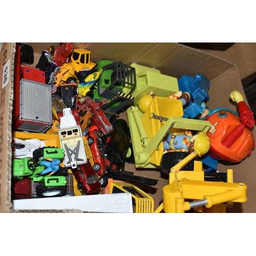 536 - ONE BOX AND LOOSE CHILDREN'S TOYS, to include two large Caterpillar trucks, a boxed 'Newbrite' radio... 