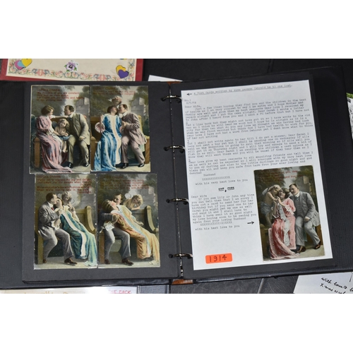 543 - FOUR ALBUMS containing approximately 180 late 19th century - early 20th century Postcards, Drawings,... 