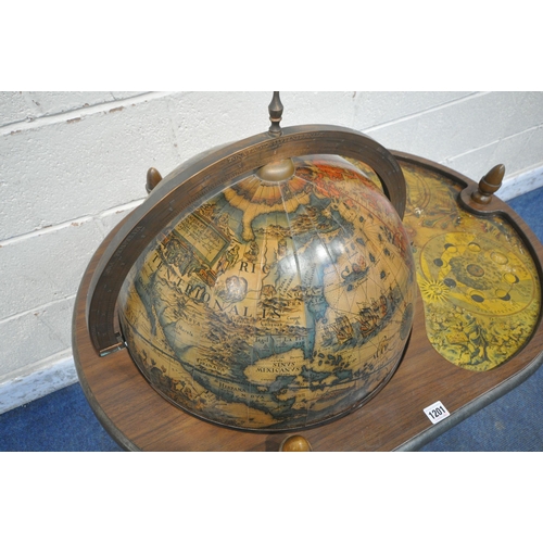 1201 - A LATE 20TH CENTURY DRINKS GLOBE, the hinged storage compartment enclosing various divisions, raised... 