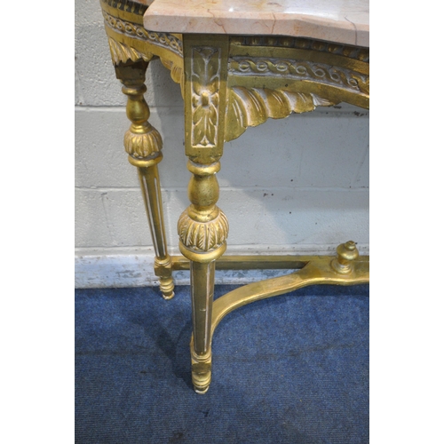 1205 - A GILT WOOD MARBLE TOP CONSOLE TABLE, raised on tapered and fluted legs, united by stretchers, width... 