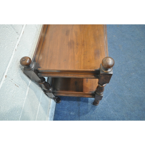 1219 - AN EDWARDIAN MAHOGANY TWO TIER BUFFET, each corner with finials, raised on turned supports, width 12... 