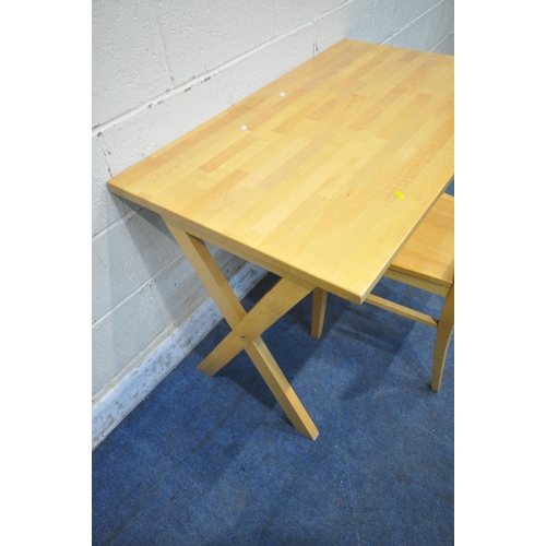 1220 - A MODERN BEECH DESK, raised on cross shaped legs, united by a stretcher, length 113cm x depth 66cm x... 