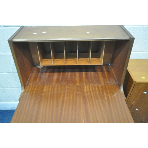 1230 - ELLIOTTS OF NEWBURY, A MID CENTURY TEAK BUREAU, the fall front door enclosing a fitted interior, abo... 