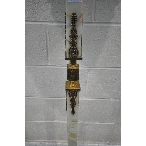 1236 - A BRASS AND ONYX STANDARD LAMP, raised on four shaped legs, height to fitting 156cm (condition repor... 