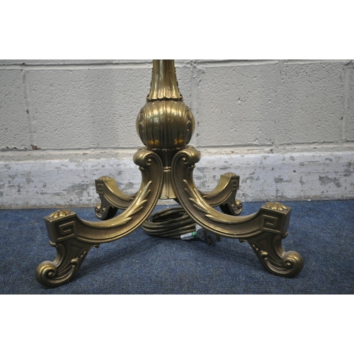 1236 - A BRASS AND ONYX STANDARD LAMP, raised on four shaped legs, height to fitting 156cm (condition repor... 