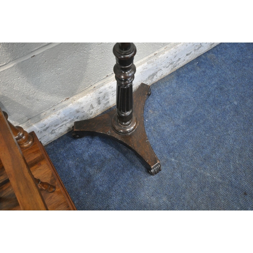 1242 - A 19TH CENTURY WALNUT CANTERBURY, with a concave front, turned spindles, a single drawer, raised on ... 