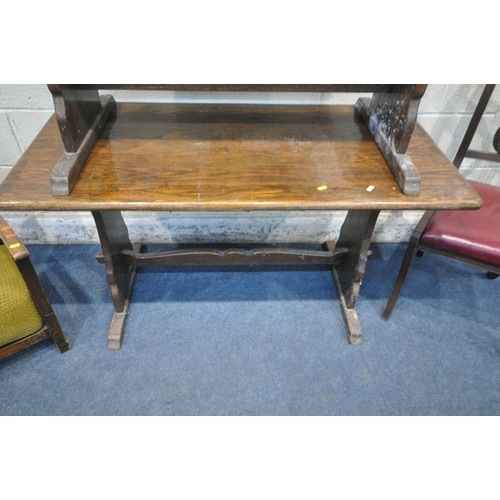 1258 - A PAIR OF OAK TRESTLE DINING TABLES, length 122cm x depth 61cm x height 67cm, along with a set of th... 