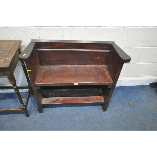 1267 - A STAINED WOODEN BENCH, an oak occasional table, along with a black painted table, on metal legs (co... 