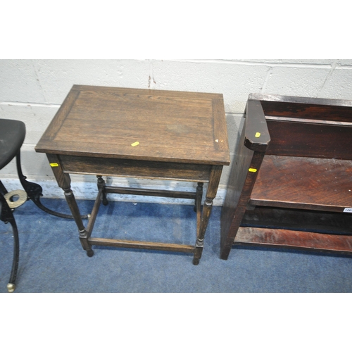 1267 - A STAINED WOODEN BENCH, an oak occasional table, along with a black painted table, on metal legs (co... 