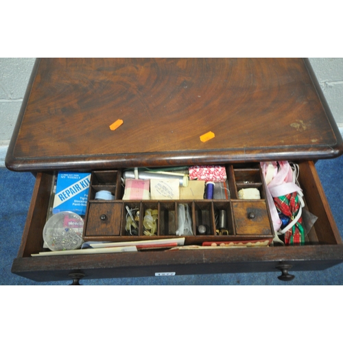 1277 - A REGENCY MAHOGANY WORK TABLE, with a single drawer, and a pull out storage drawer, with contents, r... 