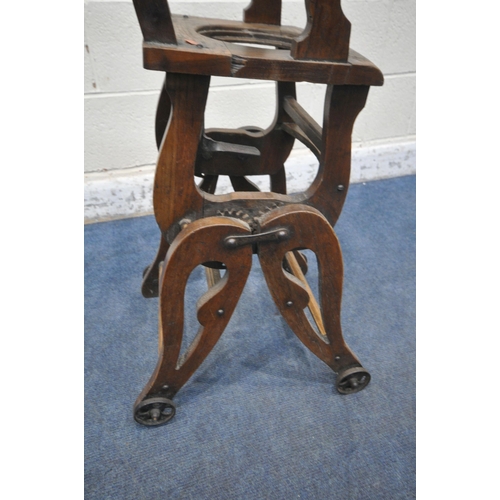 1279 - A VINTAGE CHILDS METAMORPHIC HIGH CHAIR, with a fold over tray table, width 35cm x depth 60cm x heig... 