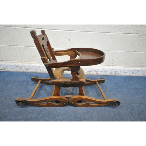 1279 - A VINTAGE CHILDS METAMORPHIC HIGH CHAIR, with a fold over tray table, width 35cm x depth 60cm x heig... 