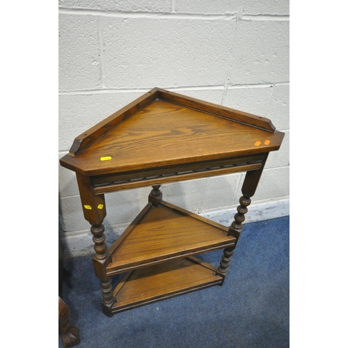 1287 - A 20TH CENTURY OAK BOMBE CHEST OF THREE DRAWERS, raised on ball and claw feet, width 78cm x depth 42... 