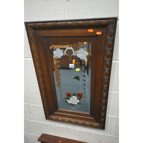 1288 - A NEAR PAIR OF DECORATIVE OAK FRAMED RECTANGULAR BEVELLED EDGE GYPSY WALL MIRRORS, depicting flowers... 