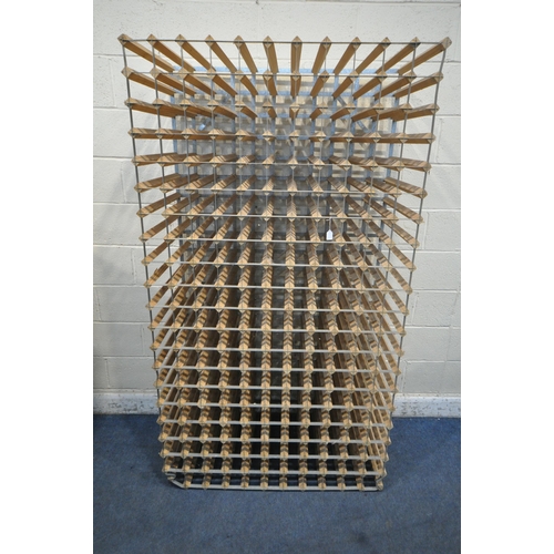 1304 - A LARGE WOOD AND METAL WINE RACK, with 220 sections, width 108cm x depth 54cm x height 193cm (condit... 