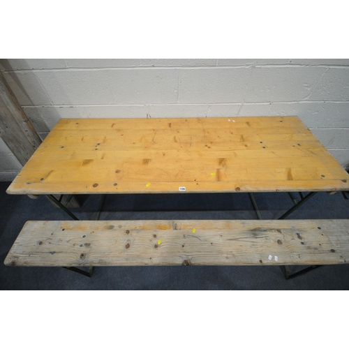 1306 - A PINE TOP RECTANGULAR TABLE, with folding metal legs, length 179cm x depth 67cm x height 74cm, alon... 