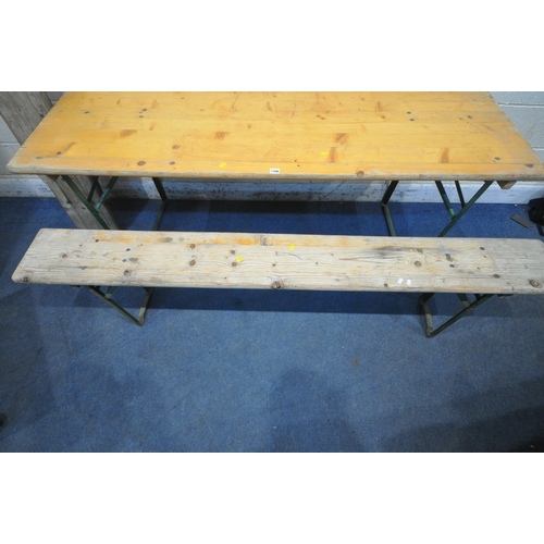 1306 - A PINE TOP RECTANGULAR TABLE, with folding metal legs, length 179cm x depth 67cm x height 74cm, alon... 