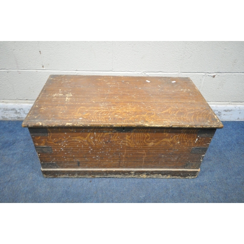 1307 - A VINTAGE PINE BLANKET CHEST, with a hinged lid and twin metal handles, width 87cm x depth 47cm x he... 