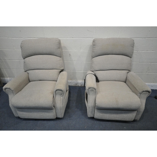 1312 - A PAIR OF OATMEAL UPHOLSTERED RISE AND RECLINE ARMCHAIRS (condition report: both PAT pass and workin... 