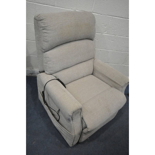 1312 - A PAIR OF OATMEAL UPHOLSTERED RISE AND RECLINE ARMCHAIRS (condition report: both PAT pass and workin... 