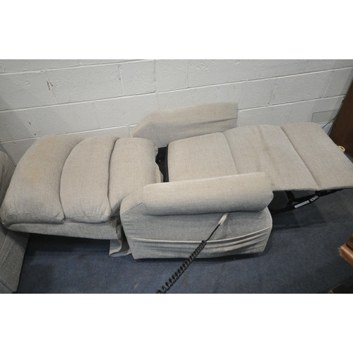 1312 - A PAIR OF OATMEAL UPHOLSTERED RISE AND RECLINE ARMCHAIRS (condition report: both PAT pass and workin... 