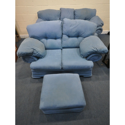 1313 - A LIGHT BLUE THREE PIECE LOUNGE SUITE, comprising a three seater sofa, length x depth x height, a tw... 