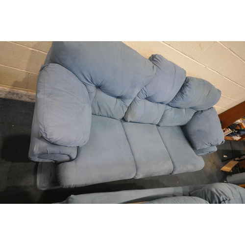 1313 - A LIGHT BLUE THREE PIECE LOUNGE SUITE, comprising a three seater sofa, length x depth x height, a tw... 