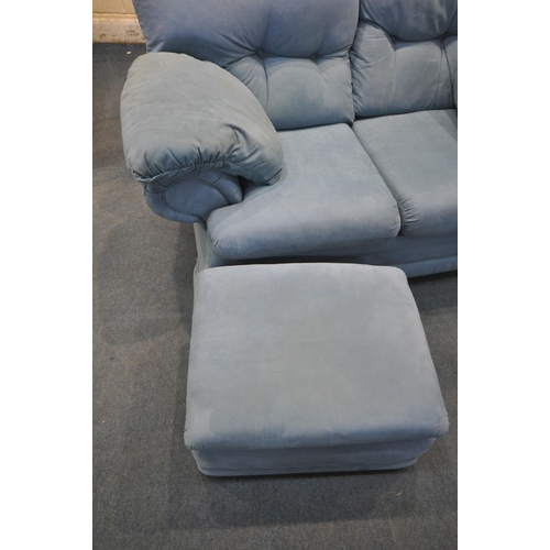 1313 - A LIGHT BLUE THREE PIECE LOUNGE SUITE, comprising a three seater sofa, length x depth x height, a tw... 