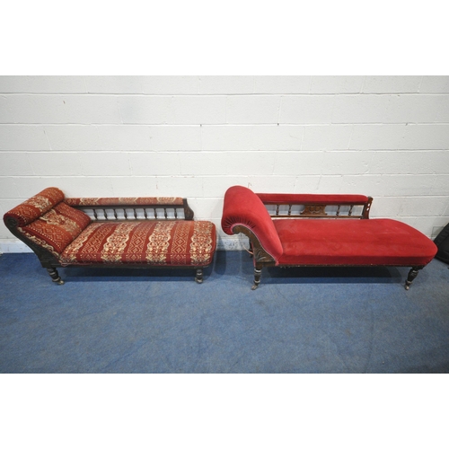 1316 - TWO EDWARDIAN MAHOGANY CHAISE LOUNGES, one with plain red upholstery, the other with patterned uphol... 