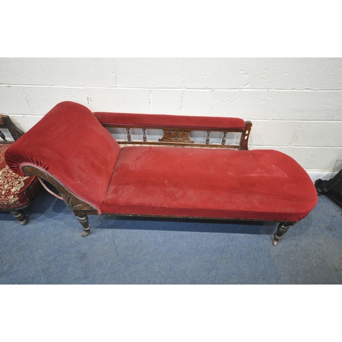 1316 - TWO EDWARDIAN MAHOGANY CHAISE LOUNGES, one with plain red upholstery, the other with patterned uphol... 