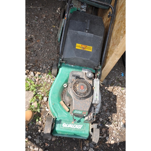 1007 - THREE PETROL LAWN MOWERS (spares or repairs) including a QUALCAST mower ( body rusted through) all U... 