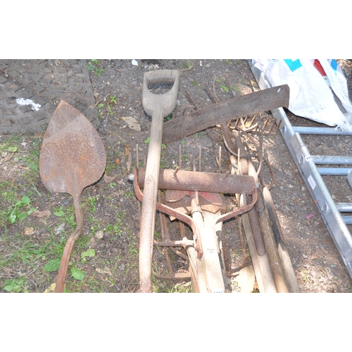 1016 - A COLECTION OF MOSTLY VINTAGE GARDEN TOOLS including hay forks, rakes, an past shovel, lawn aerator ... 