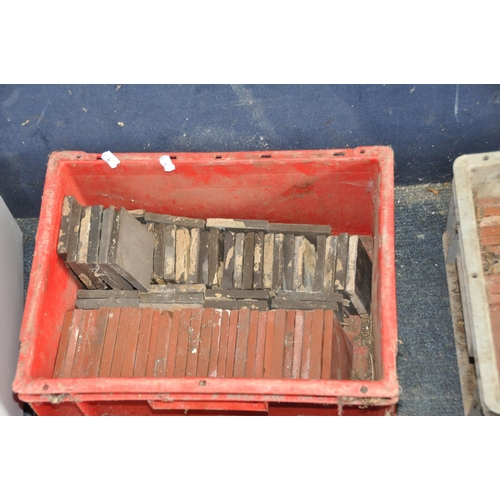 1054 - FIVE TRAYS CONTAINING VICTORIAN AND LATER FLOOR TILES including 75 blue 4x4in, 36 red 4 1/4x4 1/4in,... 