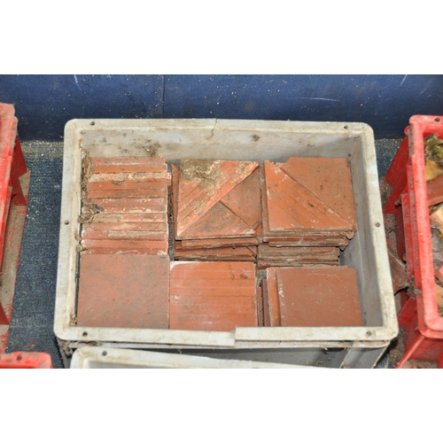 1054 - FIVE TRAYS CONTAINING VICTORIAN AND LATER FLOOR TILES including 75 blue 4x4in, 36 red 4 1/4x4 1/4in,... 