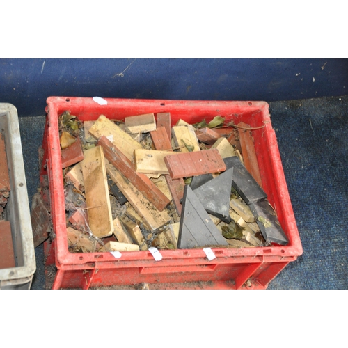 1054 - FIVE TRAYS CONTAINING VICTORIAN AND LATER FLOOR TILES including 75 blue 4x4in, 36 red 4 1/4x4 1/4in,... 