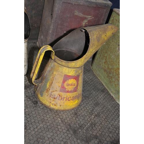 1059 - THREE VINTAGE FUEL CANS AND TWO OIL JUGS including a Shell jug and fuel can with brass Shell cap (ha... 