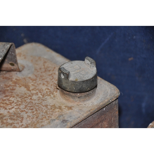 1059 - THREE VINTAGE FUEL CANS AND TWO OIL JUGS including a Shell jug and fuel can with brass Shell cap (ha... 