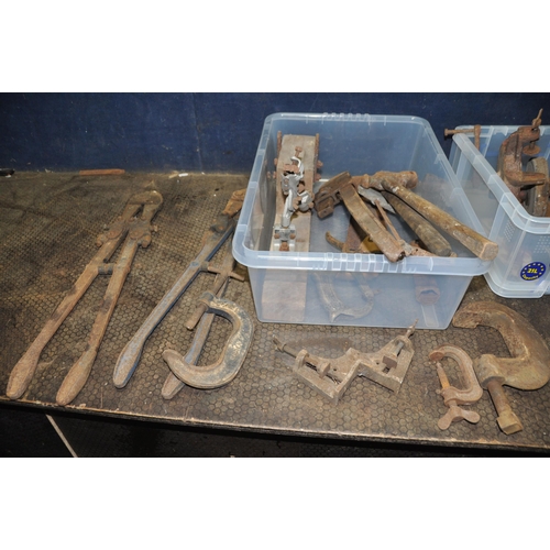 1064 - THREE TRAYS CONTAINING TOOLS including two pairs of Record bolt croppers, a Record Stilson, a Wolf M... 