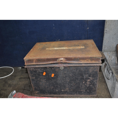 1067 - AN ALUMINIUM 'AMMO' BOX width 88cm depth 40cm height 16cm, a deed box (lock broken in), a wooden ins... 