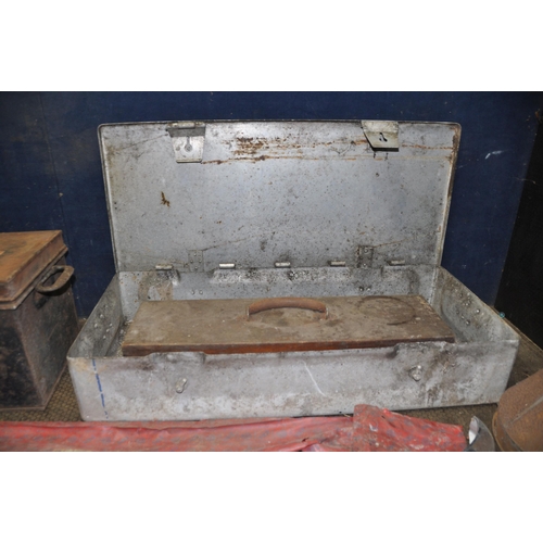 1067 - AN ALUMINIUM 'AMMO' BOX width 88cm depth 40cm height 16cm, a deed box (lock broken in), a wooden ins... 