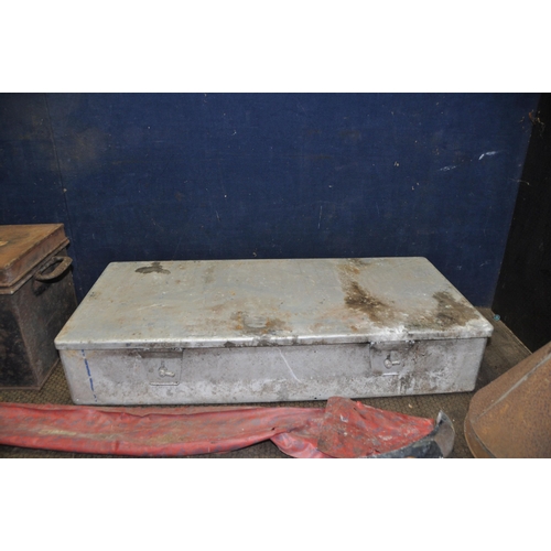 1067 - AN ALUMINIUM 'AMMO' BOX width 88cm depth 40cm height 16cm, a deed box (lock broken in), a wooden ins... 