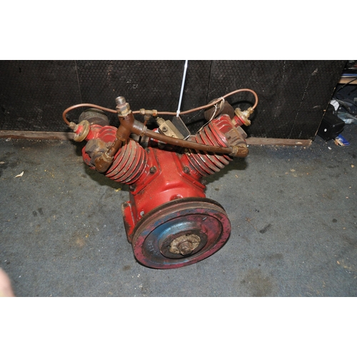 1084 - A VINTAGE SELLARCE V TWIN COMPRESSOR PUMP with a dual 10 1/2in pully fitted (has compressor)