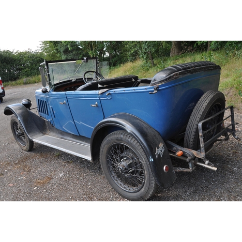 999 - A 1930's AUSTIN SIX OPEN TOURER FOUR SEATER CAR, in blue, Restoration project with side screens but ... 